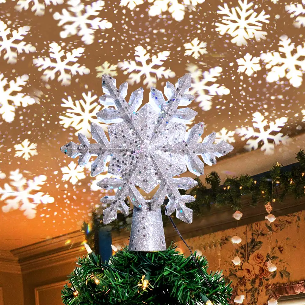 Christmas Tree Topper Lighted Snowflake Tree Topper Rotating LED Snowflake Projector 3D Glitter Projector for Xmas Tree Decor