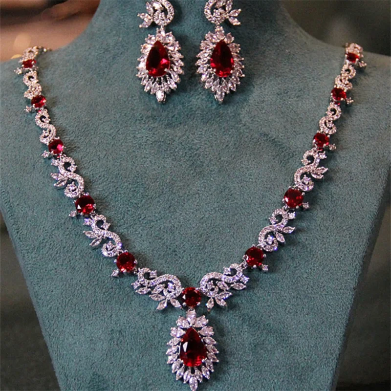 CC Vintage Jewelry Sets For Women Party Engagement Wedding Accessories Dark Red Cubic Zirconia Stone Necklace And Earrings Set