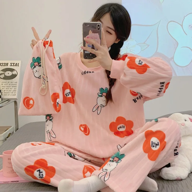 

M-5XL Plus Size Winter Warm Sleepwear Women Cartoon Sweet Coral Fleece Pajamas Set Korean Student Long Sleeve Trousers Home Suit