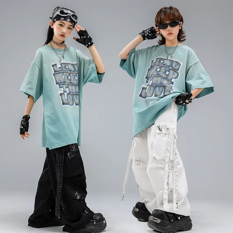 Teenager Boys Hip Hop Blue T-shirt Cargo Pants Set Girls Group Street Dance Clothing Jazz Costume Kids Streetwear