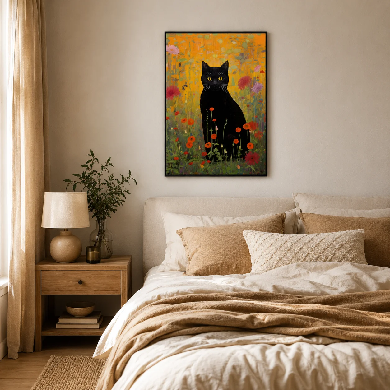 Black Cat in a Garden,Black Cat Wall Art,Cat Poster Canvas Wall Print,High‑Grade Home Decoration Artwork for Bedroom,Living Room