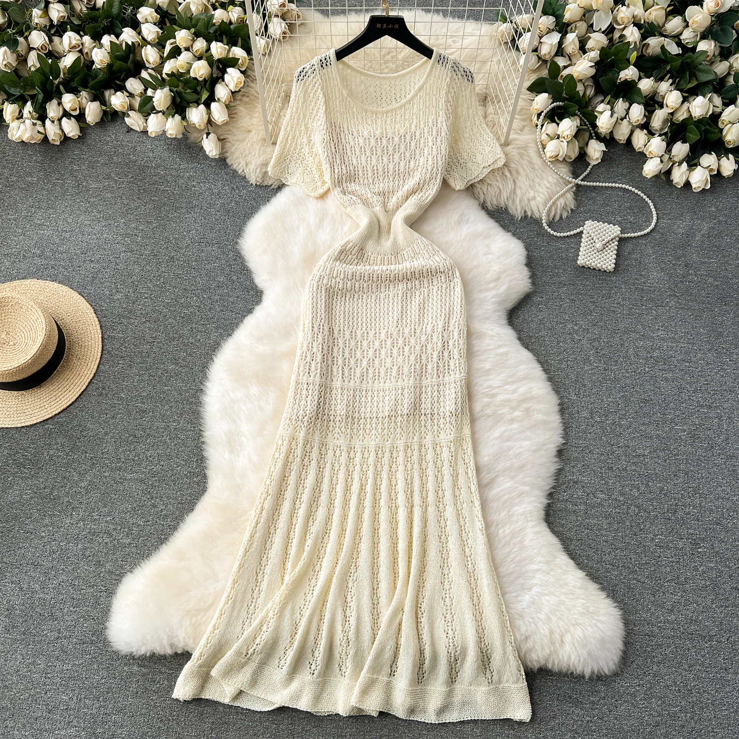 Sexy Chic sweet knit O-Neck cut out short sleeve Dress vintage Elegant Korean Fashion Party Basic Slim Summer sukienki o kroju syreny