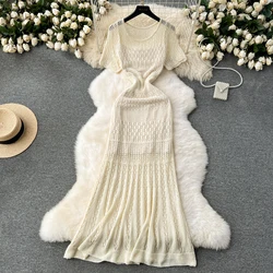 Sexy Chic sweet knit O-Neck cut out short sleeve Dress vintage Elegant Korean Fashion Party Basic Slim Summer mermaid dresses