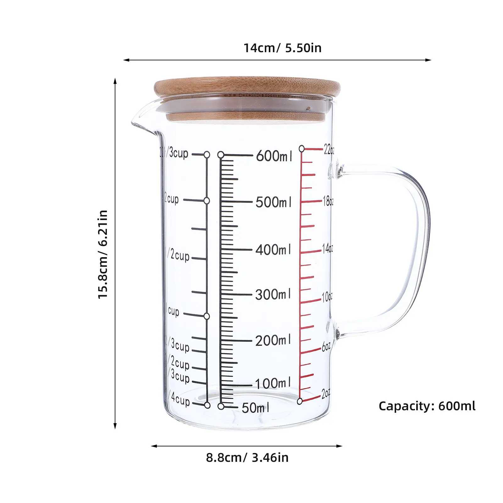 Glass Measuring Cup Transparent Graduated Scale Heat Resistant Lid Handle for Precise Cooking Baking Microwave Use 600Ml