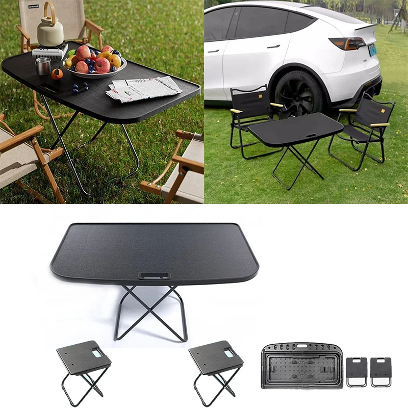 Futhope Portable Trunk Picnic Table for Tesla Model Y 2018-2024 Desk Trvael Folding Work Rest Camping Board with Two Chair