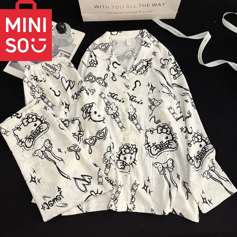 Harajuku نمط HelloKitty القوس طباعة منامة مجموعة للنساء الكرتون Kawaii التلبيب الرقبة ملابس النوم المتسكعون قطعتين مجموعة منامة
