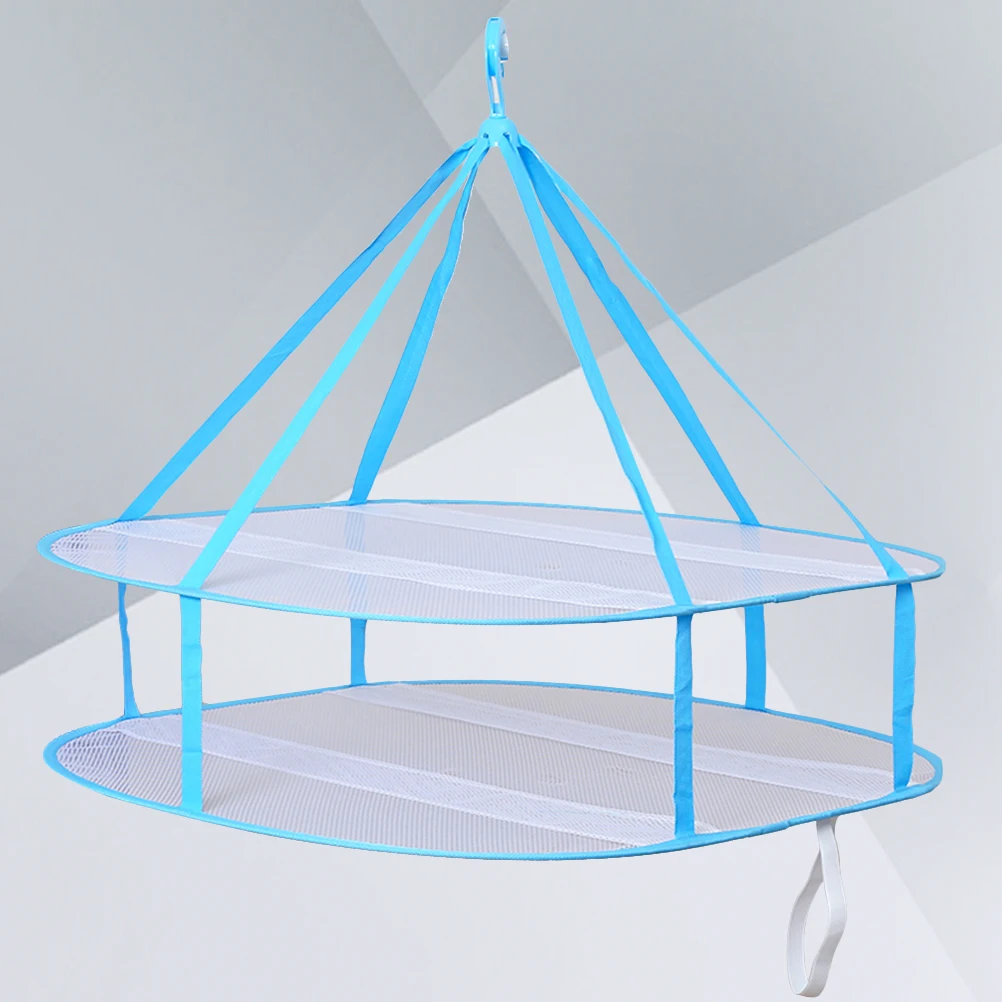 

2 Tier Foldable Hangers Drying Basket Clothes Rack Clothing Collapsible for Blue Folding Laundry