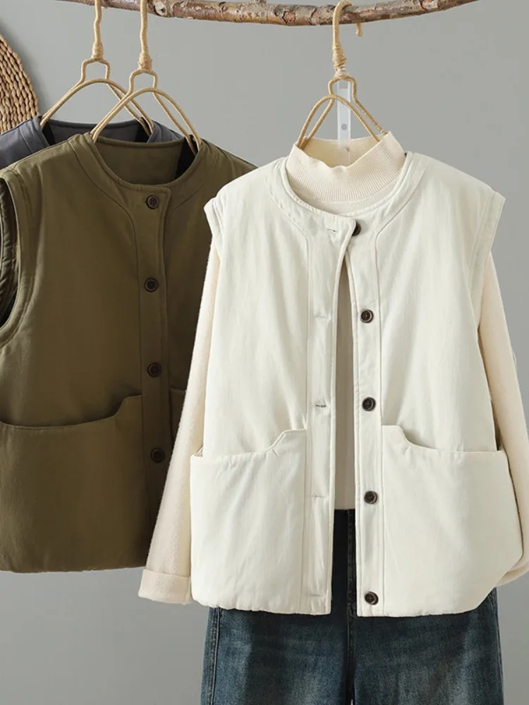 Duży Rozmiar Cienka Bawełniana Ciepła Lniana Okrągła Kamizelka Damska Zimowa Odzież Wierzchnia Warstwowa Kamizelka z Poduszkami na Ramiona Kurtka Bez Rękawów