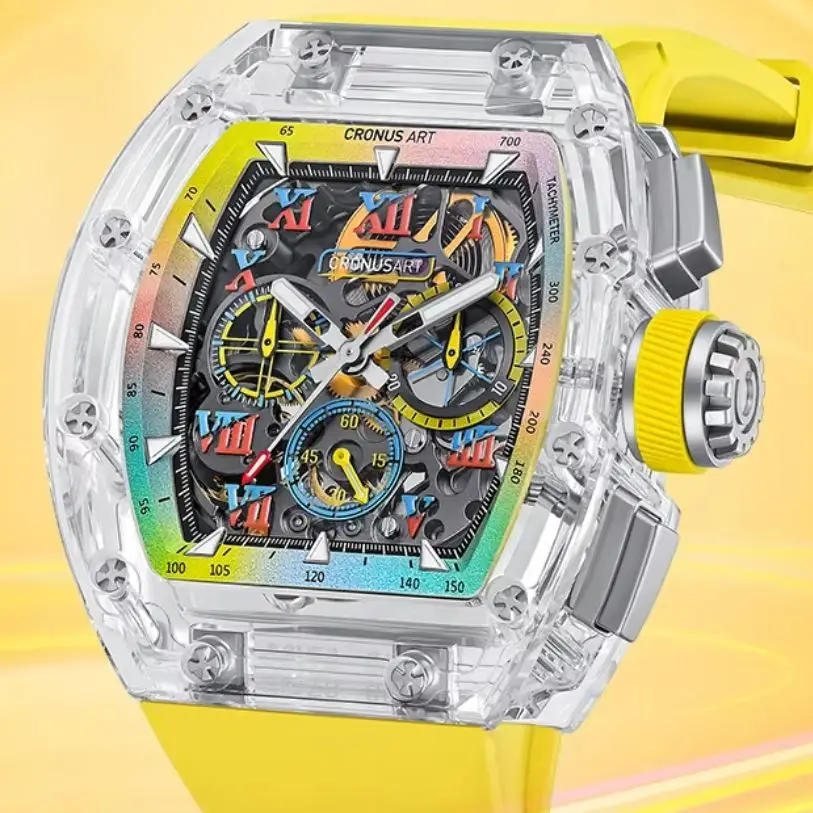 CRONUSART Men Chronograph Watch 50mm Tonneau Mechanical Wristwatch Sapphire Case & Mirror Luminous Fluororubber Strap