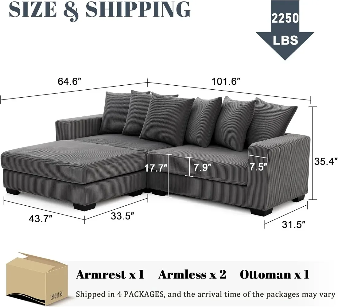 Modular Sectional Sofa with Chaise Comfy and Widened Armrests for 4 People Corduroy Sectional Couches