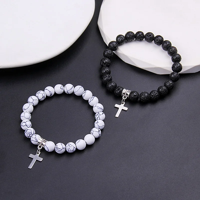 Cross Pendant Marble Beads Lava Beads Natural Stone Beads Beaded Bracelet Men Women Prayer Meditation Bracelet