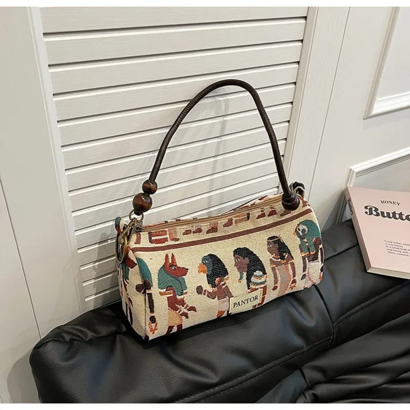 Bolso de hombro con estampado de Faraón Egipcio para mujer, bolsa de lona con cremallera, de Color sólido, a la moda, gran oferta, 2024