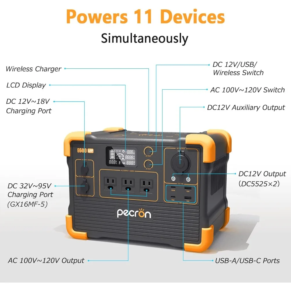 Estação de energia portátil E600LFP 614Wh Solar com 3X1200W AC Outlets 100W USB-C PD Saída LiFePO4 Bateria para emergências externas