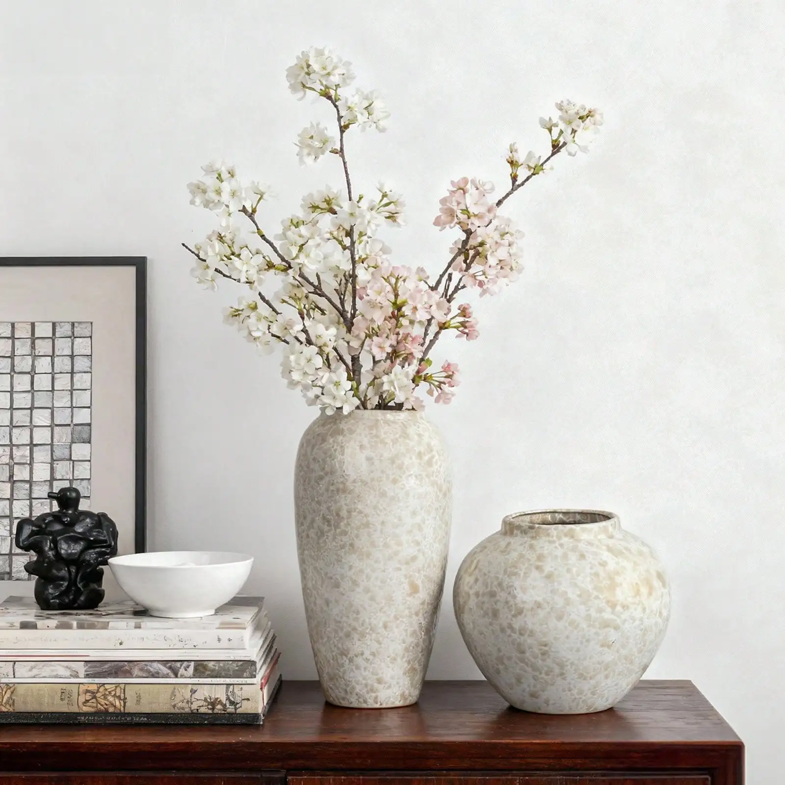 Ceramic Flower Vase, 8/13 Inch Farmhouse Rustic Table Vases With Handle Living Room Decoration Decorative Vintage Pottery For Kitchen Shelf Coffee Dining Bookshelf Fireplace Centerpiece, Wedding Decor, Spring Garden Decor, Mother's Day Gift