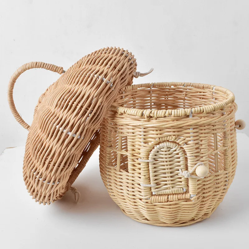 Rattan Woven Mushroom Basket Bohemian Portable Straw Storage Boxes Outdoor Vacation Picnic Baskets Kids Toy Sundries Organizer