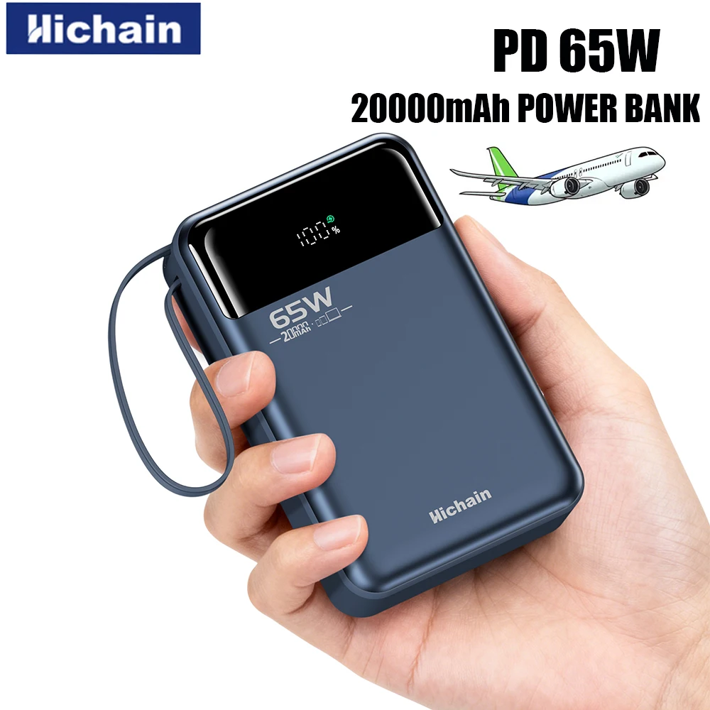 

Hichain 20000mAh PD65W Power Bank For iphone Laptop Tablets Portable Fast Charger Power Bank With Dual Cables Outdoor CampingUse