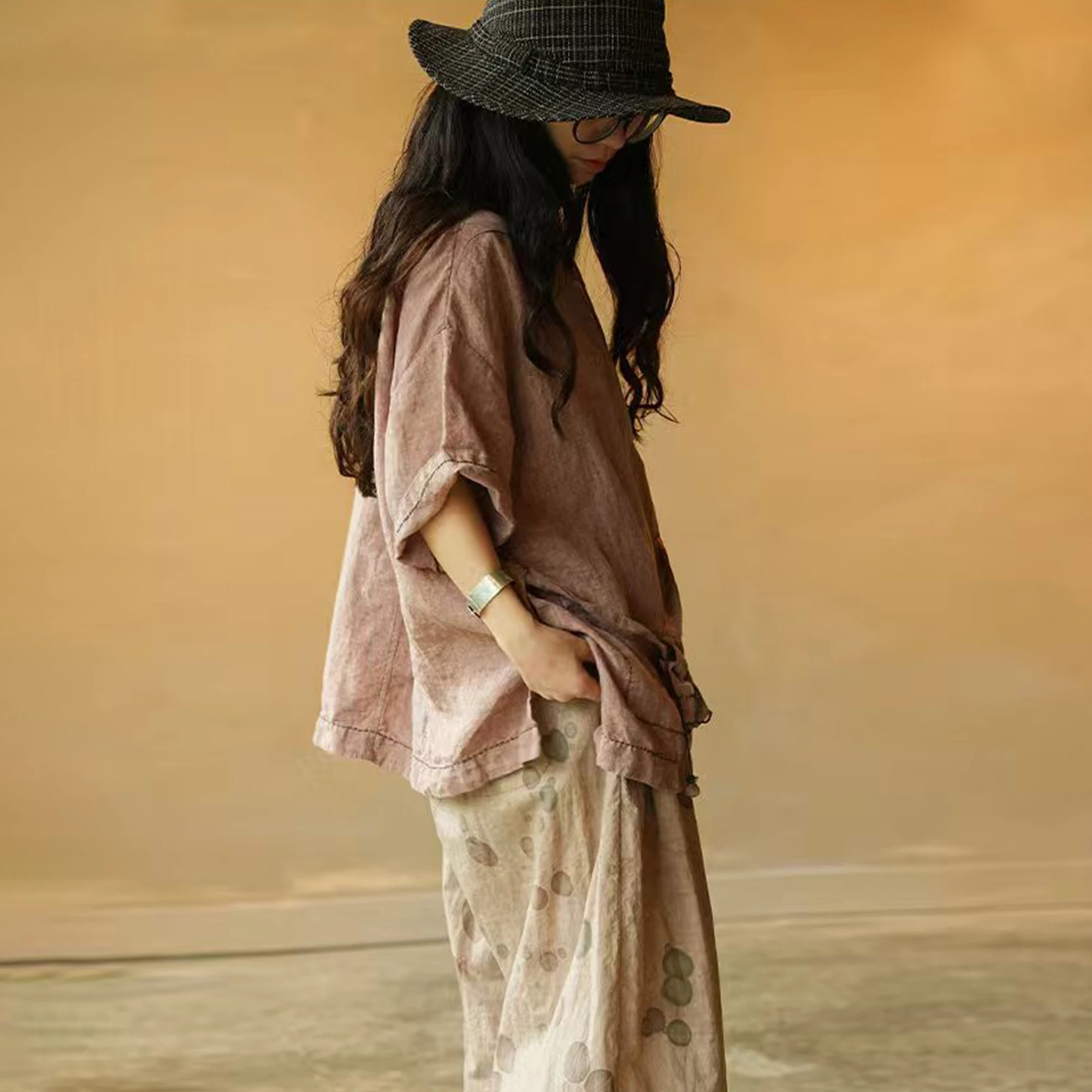 

Льняной топ свободного кроя Artistic n Sle Удобный дышащий женский irt ort Sve круглый Ne Pure Color Summer Fa...