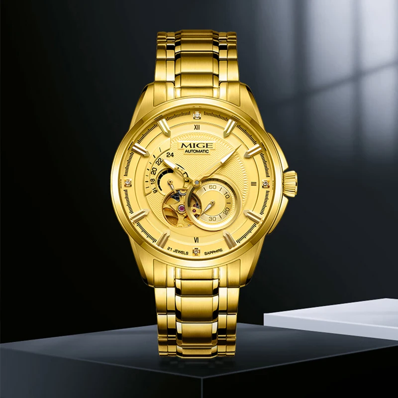 MIGE Luxury Gold Automatic Mechanical Watch Men Skeleton Dial Stainless Steel Sapphire Waterproof Business Wrist Watch