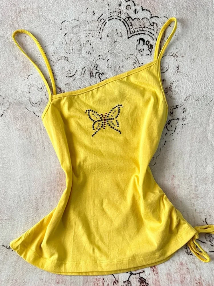 

f-Cherry Plum Original Y2K Spicy Girl Retro Yellow Asymmetrical Strap Vest Top Women's Design Summer Cotton Blend Slim Fit