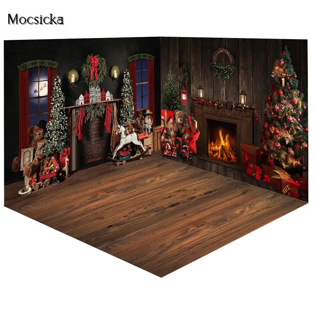 

Mocsicka Christmas Fireplace Backdrops For Photography Christmas Tree Gift Decor Kids Family Portrait Photo Background Photocall