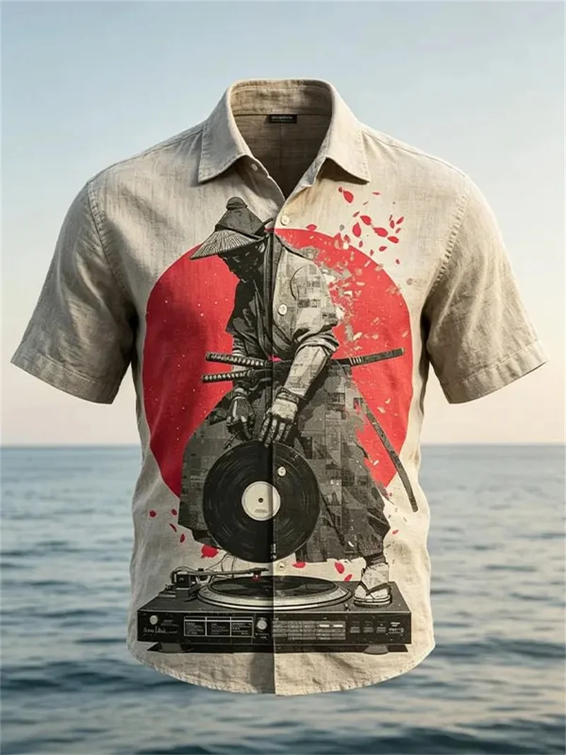 New Blue Bottom Gilded Gloss Japanese style Giant Wave Hot Stamping Crane Relief Printed Men's Short sleeved Shirt
