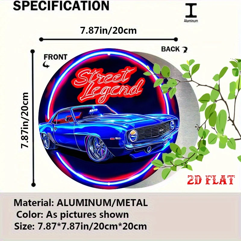 2D Flat, a Round Aluminum Sign with a Two-dimensional Flat Style - Classic Car Neon Glowing Blue Metal Iron Wall Art, 19.99x19.9