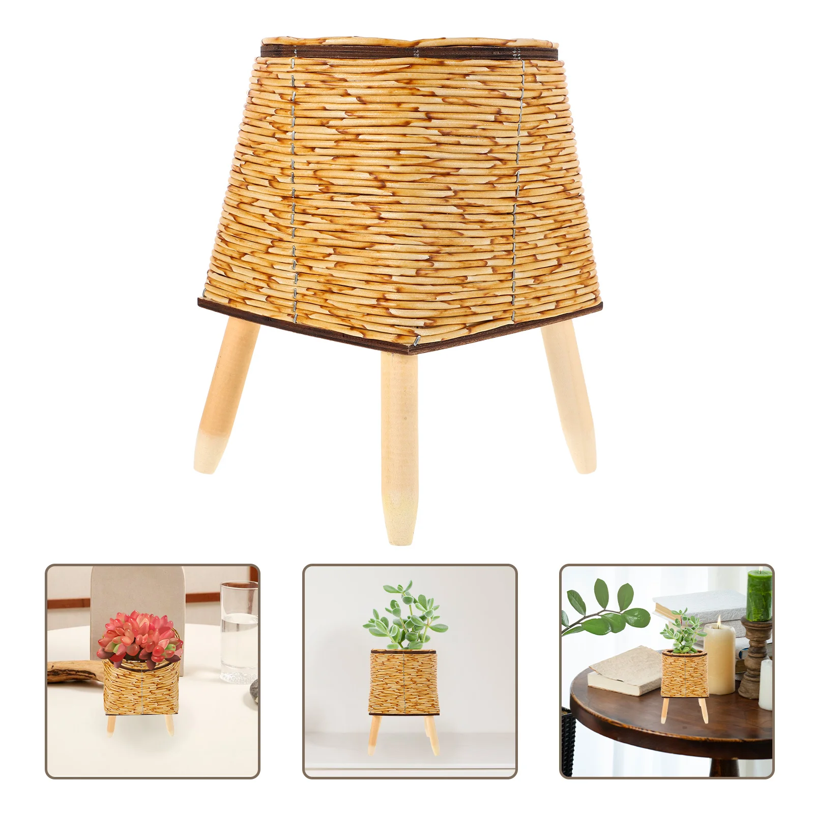 

Woven Plant Stand Indoor Succulent Holder Farmhouse Decorative Plant Pot Display Organizer Woven Stand