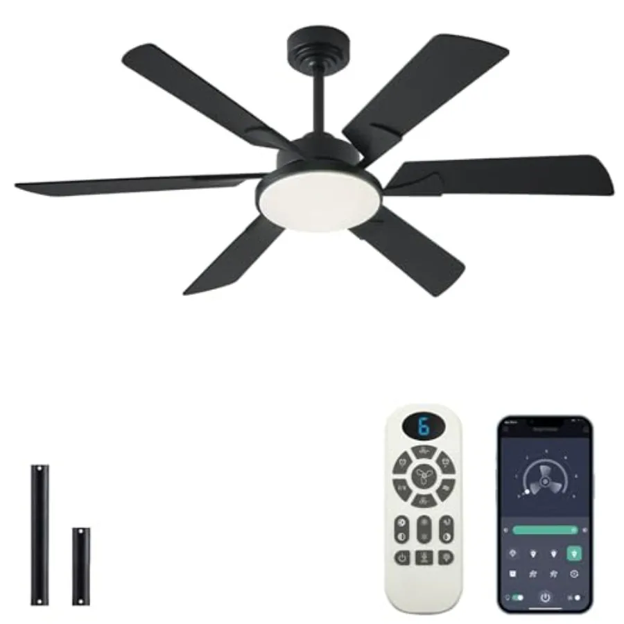 52 Inch Low Profile Ceiling Fan with Lights, Remote and APP Control, 3CCT Dimmable, 6 Blades 6 Speed Ceiling Fans, Quiet Revers