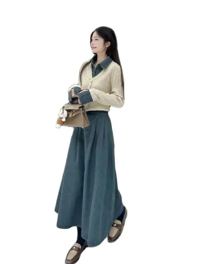 Korea Denim Long Skirt Set 2 Piece Sets For Women Patchwork Knitted Fake Two Pieces Top Denim Skirt Slim Fashion Suit Spring