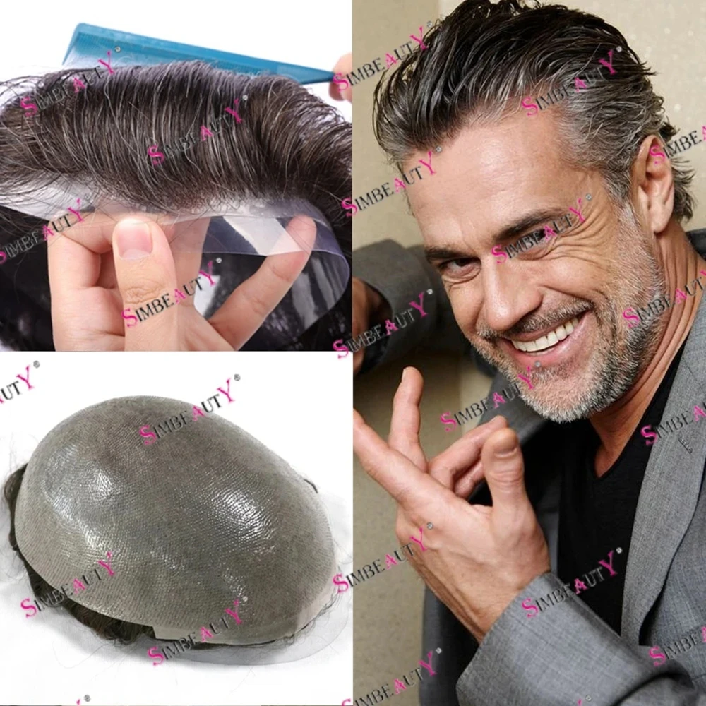 Invisible Natural Hairline Durable Skin Base Men's Human Hair Replacement Toupee 0.06mm Vlooped Thin Skin 1B10 Prosthesis System