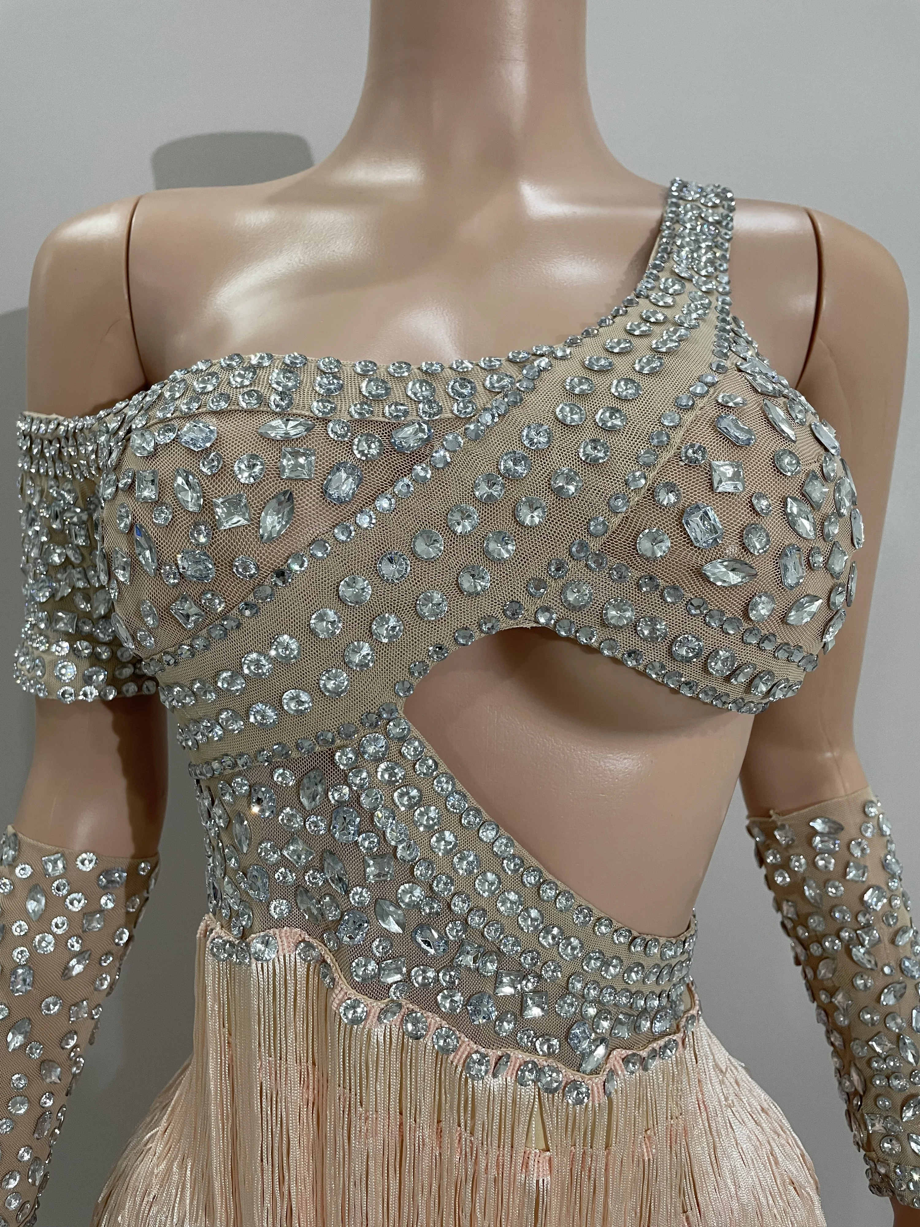 

Sparkly Rhinestones Sexy Mesh Tassels Bodysuit Gloves Women 2025 Birthday Party Dress Singer Dancer Performance Stage Costume