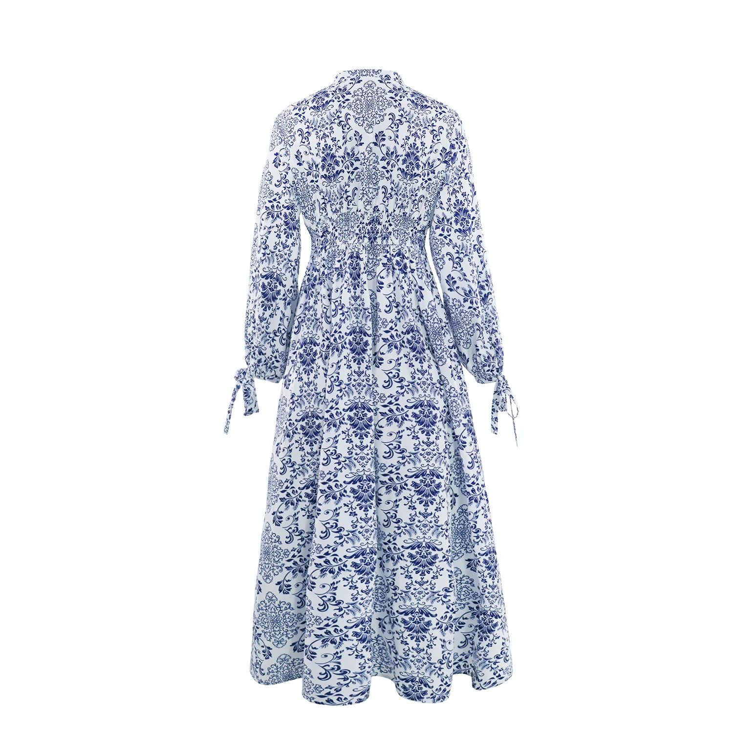 Elegante a-lijnjurk met bloemenprint en lange mouwen voor herfst en winter met strikdetailleerde mouwen