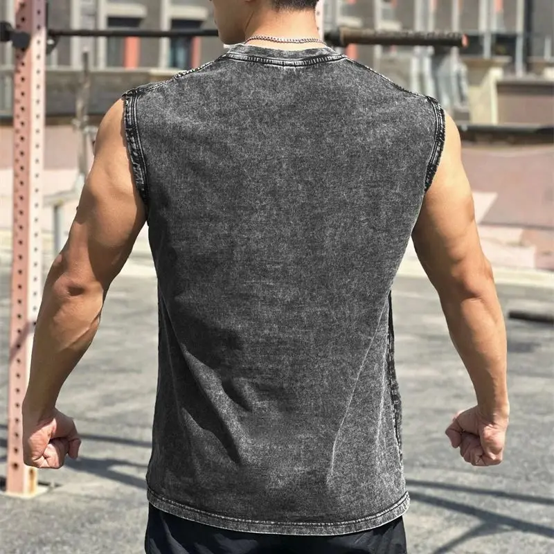 2024 summer new cotton men's vest casual wide shoulder crew neck sleeveless top Jogger exercise fitness sports menswear