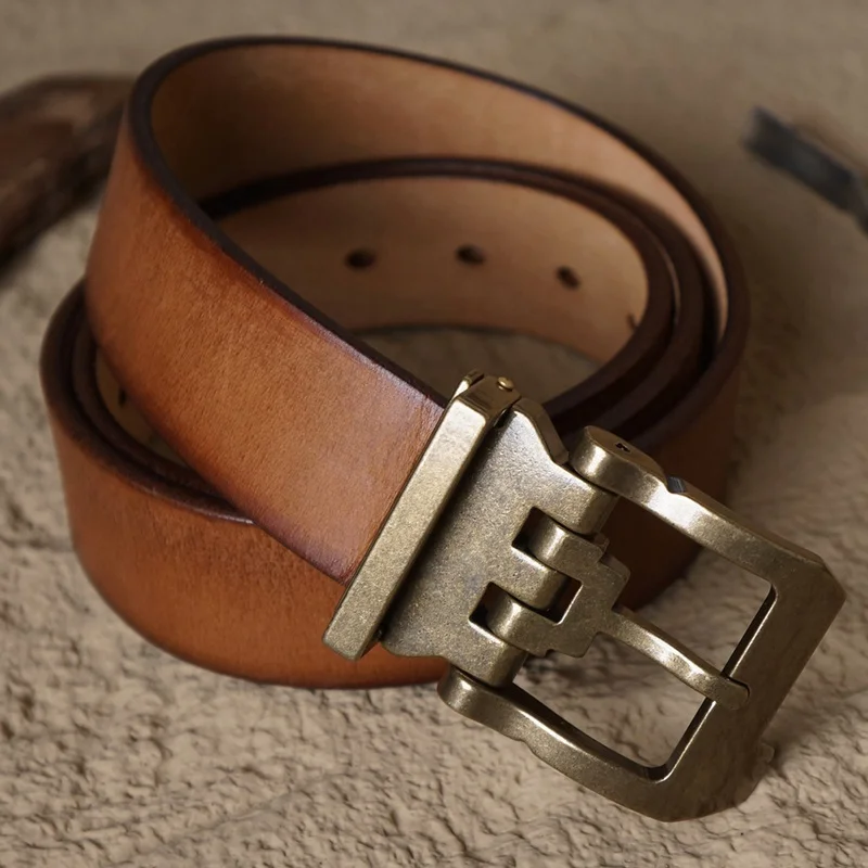 3.8CM Heavy Work Natural Cowhide Thick Genuine Leather Belt Men Vintage Copper Buckle Male Strap For Man Jeans Cowboy Cintos