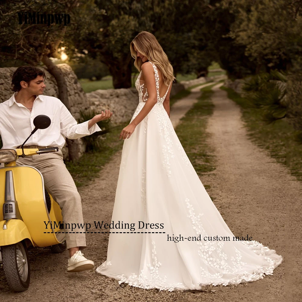 Elegant Wedding Dress Sleeveless V-Neck Applique Lace Bride Gowns Double V-Neck For Women A-Line Boho robe de mariée Customized