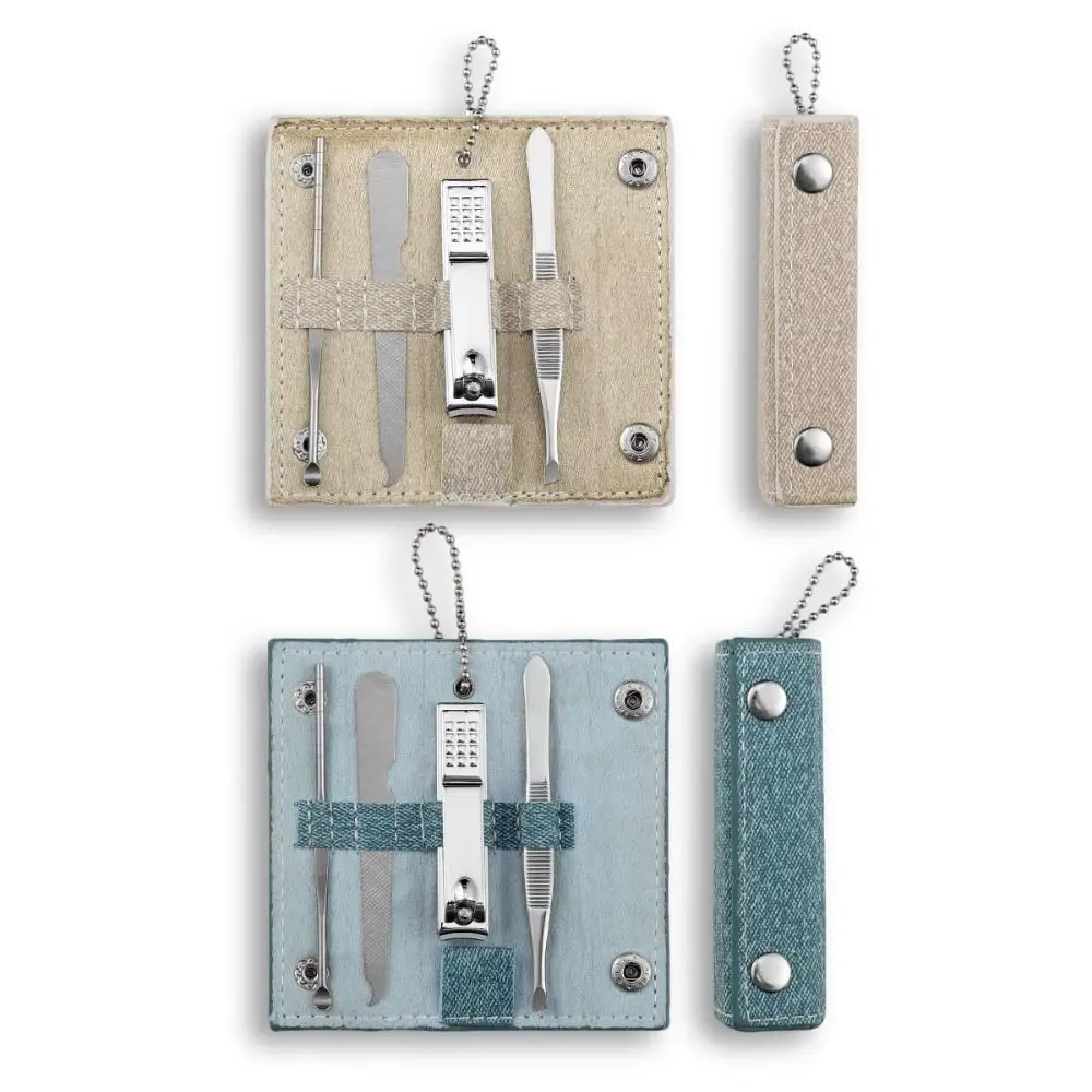 Kit de coupe-ongles de voyage 4 en 1, Mini étui en cuir PU, ensemble d'outils de manucure, cuillère d'oreille en acier inoxydable, outil de coupe des sourcils