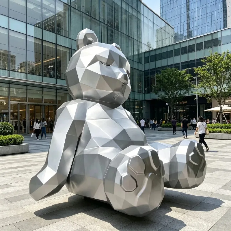 Geometric Faceted Bear Stainless Steel Sculpture Custom Modern Metal Decor For Outdoor Commercial Plaza Urban City Landscape