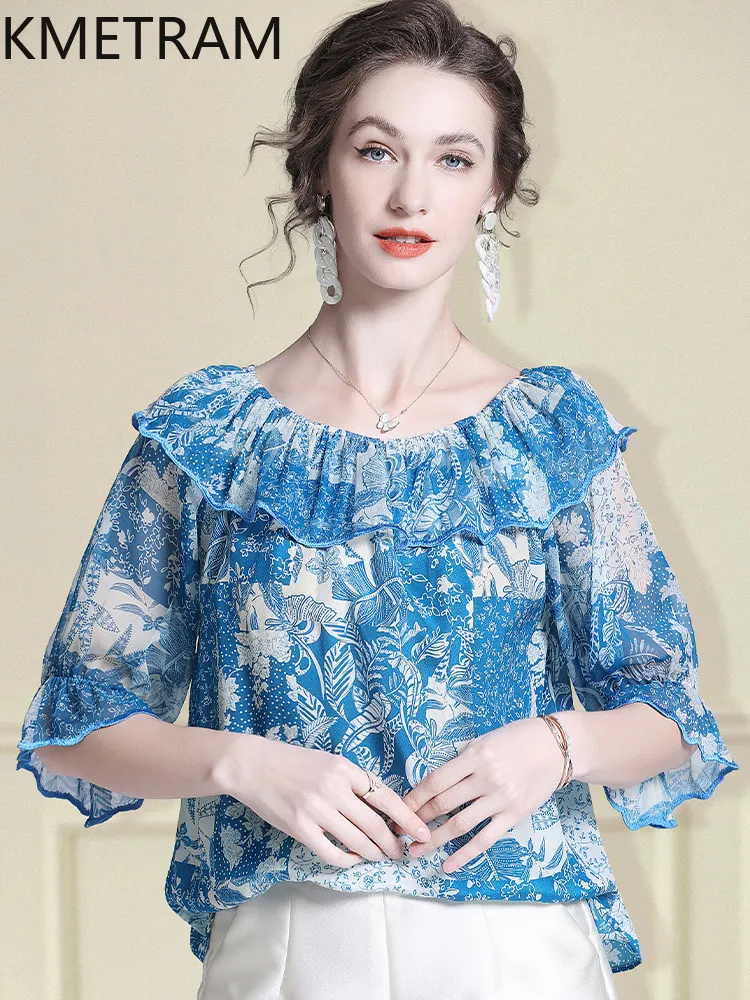 KMETRAM 100% Mulberry Silk T Shirts for Women Printed Blue T-shirt Off-the-shoulder Neckline Summer Tops 2026 Woman Clothes топ