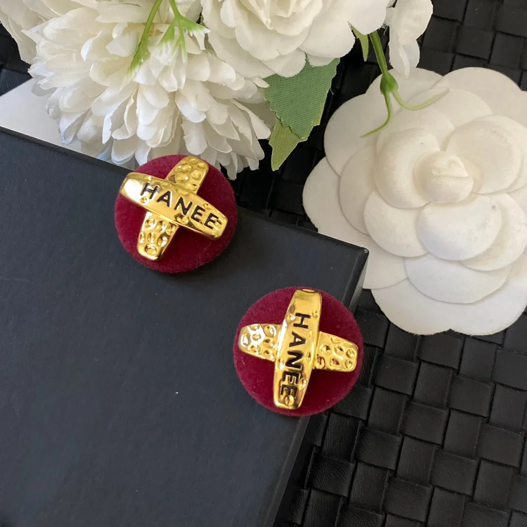 Burgundy velvet earrings Vintage round earrings