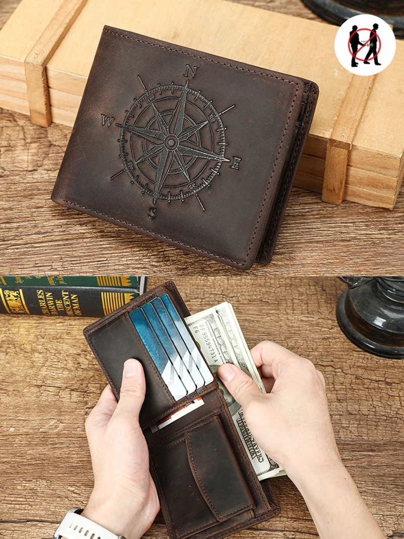 Modische Herren-Geldbörse aus Crazy Horse Leder mit Kompassmuster, RFID-Blockierung, Großer Kapazität, Kartenhalter und Geldklammer – Detail 4