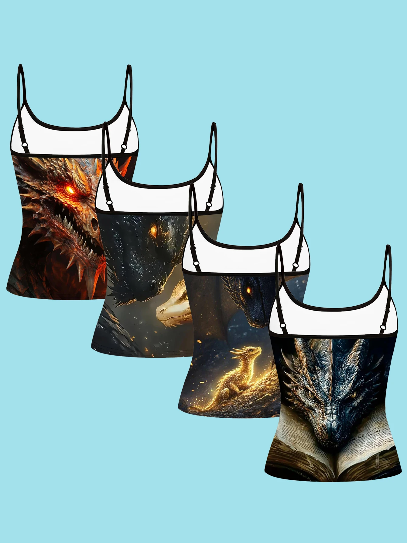 4-Piece Set of Women's Fantasy Dragon Print Camisoles, Realistic Black Dragon and Golden Dragon Magic Book Slim-Fit Spaghetti Strap Inner Tops