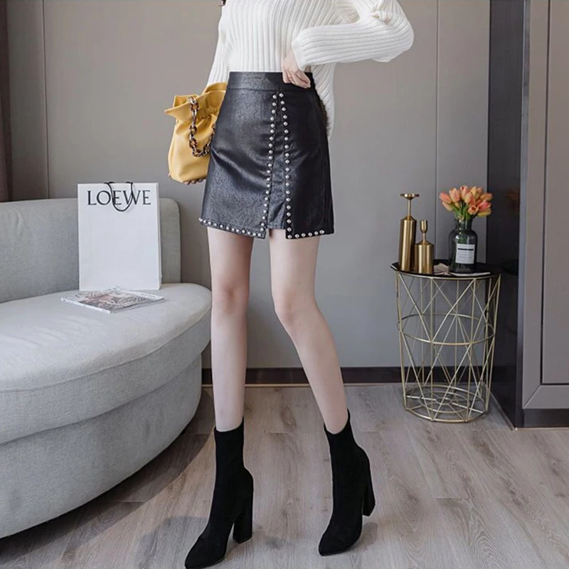 Fall Black Faux Leather Skirts for Women High Waisted Bodycon Mini Basic Pencil Rivet Hip Sexy Skirt with Slit Faldas Streetwear