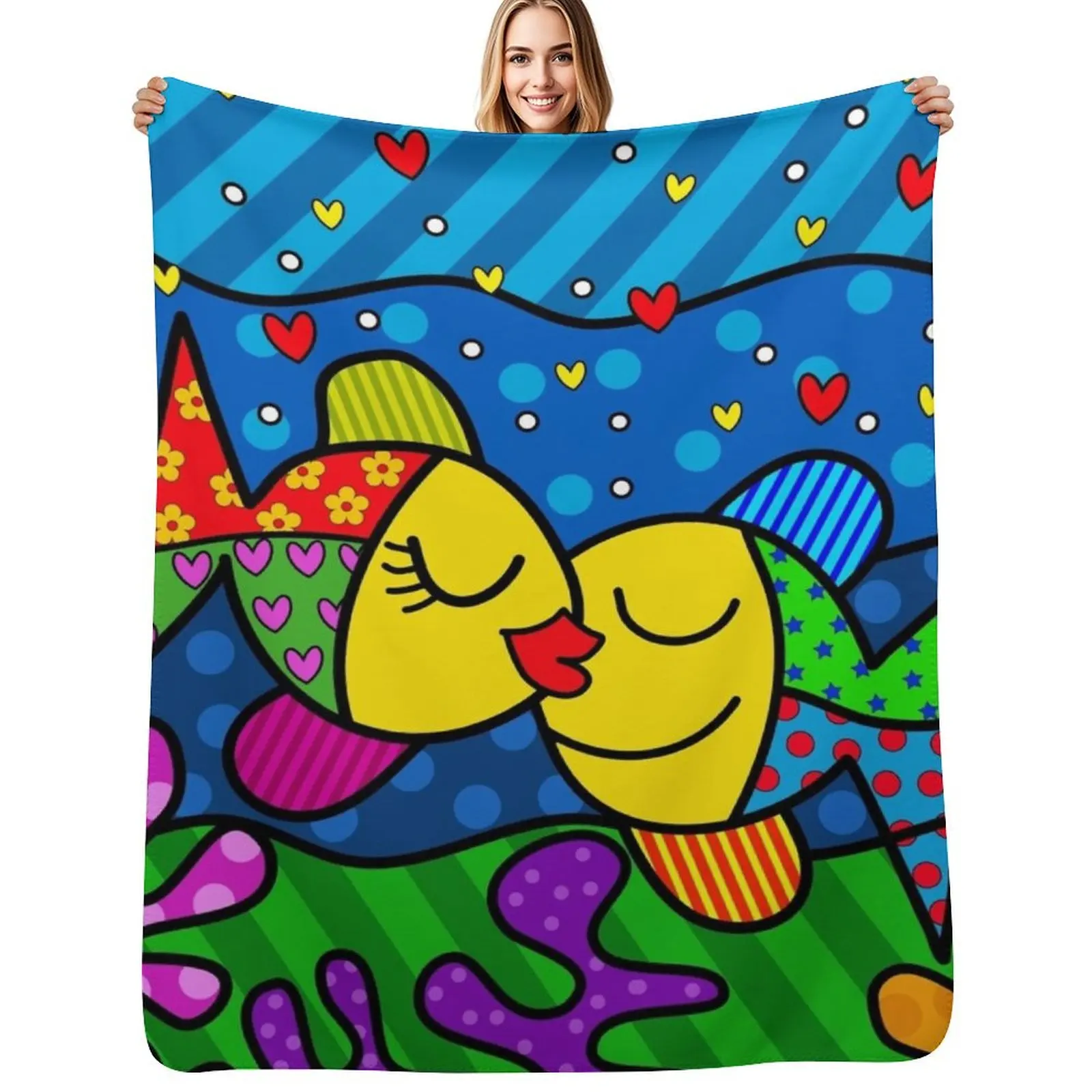 

Kissing Fish Pop-art Throw Blanket Soft Plush Plaid Picnic Sofa Retros Blankets