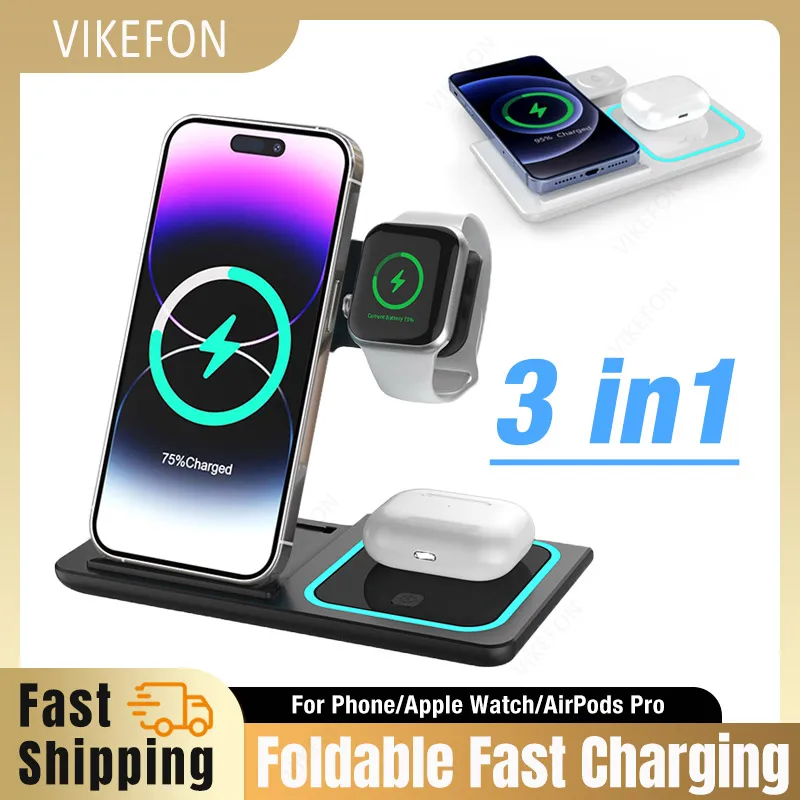 3 In 1 Wireless Charger Foldable LED Light Phone Stand For iPhone 16 15 14 13 12 Apple Watch10-2 AirPods Fast Charging Station