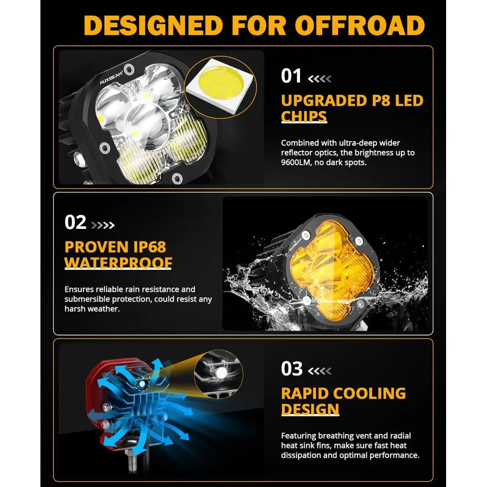 80W XP-Ultra Series LED Off-Road Lights, Amber Fog & White Spot Flood Combo, Pair with White/Amber Covers