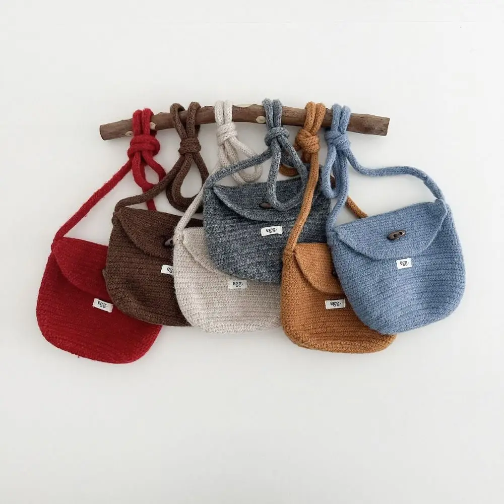 Knitted Cotton Kids Tote Bag Button Decor Solid Color Children's Knitted Bags Mini Size Woven Straw Princess Coin Purse