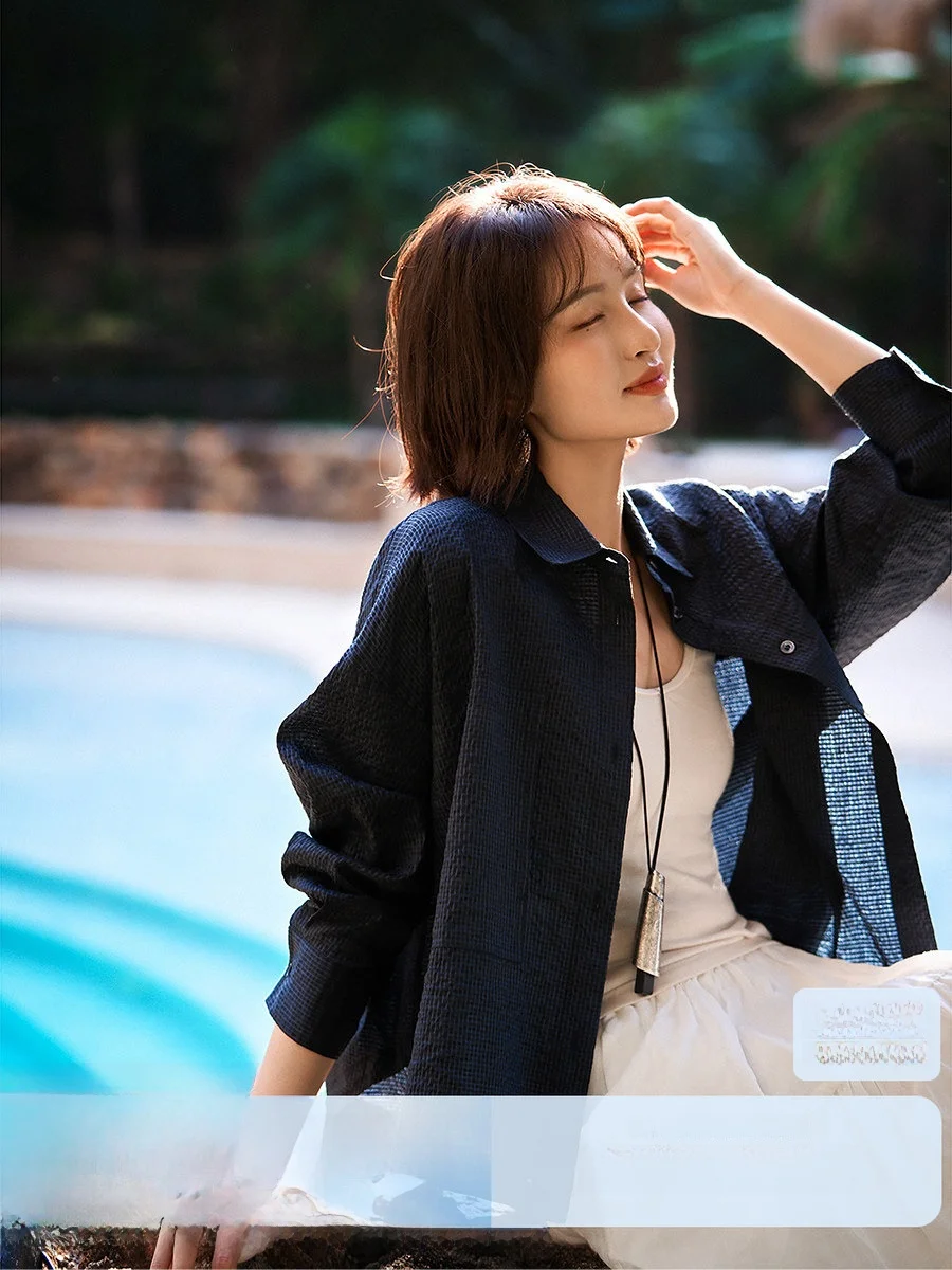 

Xhange Silk Linen Bubble Pleated Shirt Jacket Loose Fit Zen Relaxation Style OL Commute Spring New Arrival Women's Fashion