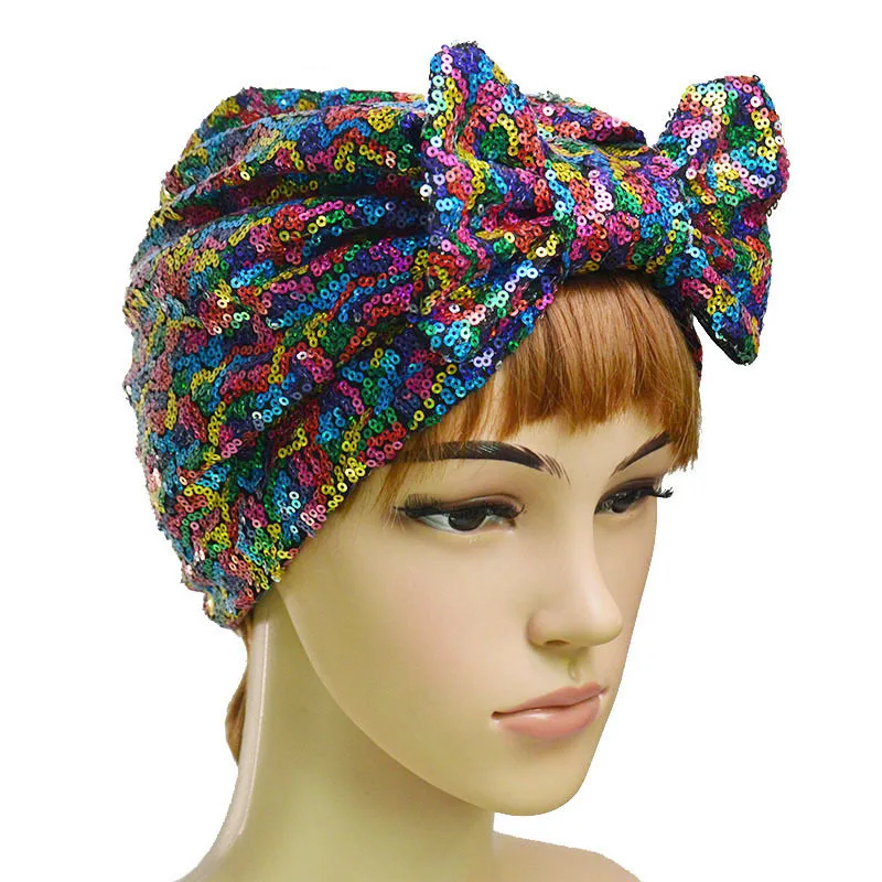 

2024 Trendy Women Bowknot Sequin Turban Hat Muslim Headwear Bonnet India Cap Female Headscarf Lady Hair Cover Accessories