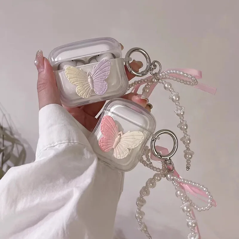 Apple Airpods 1/2/3 Proイヤホン用のかわいいパールチェーン,蝶の装飾,tpu製イヤホン用カバー