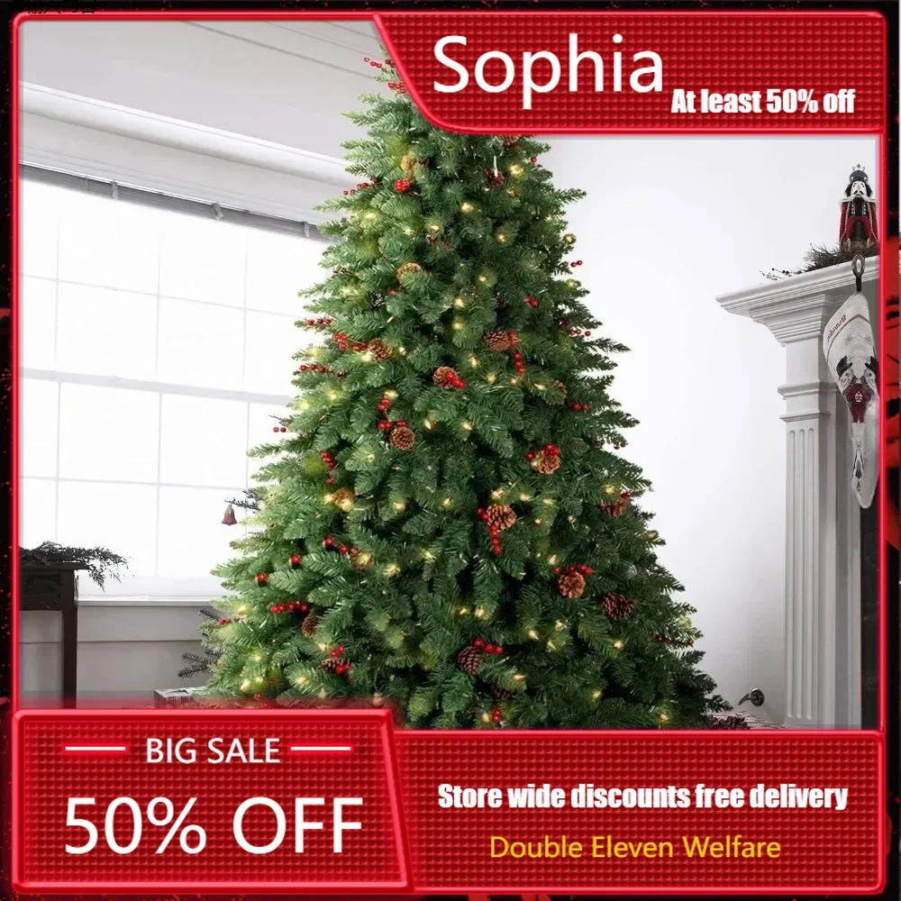 10 Foot Pre Installed Illuminated Christmas Tree Height, Artificial Christmas Tree Pre Decorated with Pine Cones and Berries